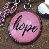 "Hope" Pink Breast Cancer Glass Charms for Jewelry Making, 16 or 20mm, Silver, Gold