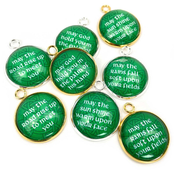 Irish Blessing Charm Set with Celtic Rose Design – Green St. Patrick's Bulk Charms for Jewelry Making – 20mm, Silver, Gold