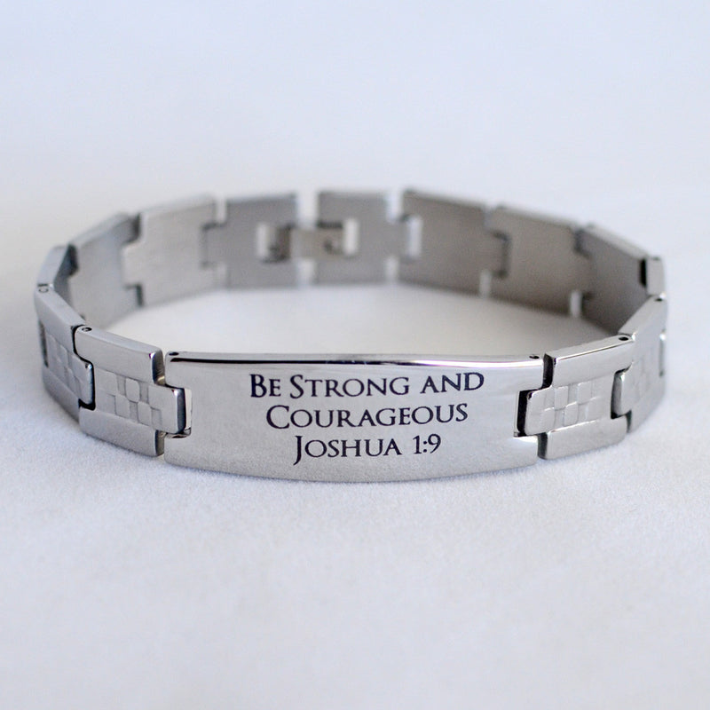 Be Strong and Courageous - Joshua 1:9 - Engraved Stainless Steel Christian Mens Bracelet, Checkerboard Band