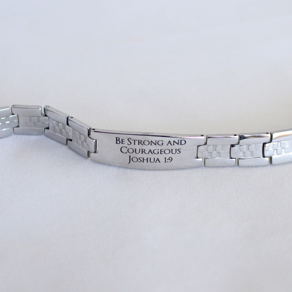 Be Strong and Courageous - Joshua 1:9 - Engraved Stainless Steel Christian Mens Bracelet, Checkerboard Band