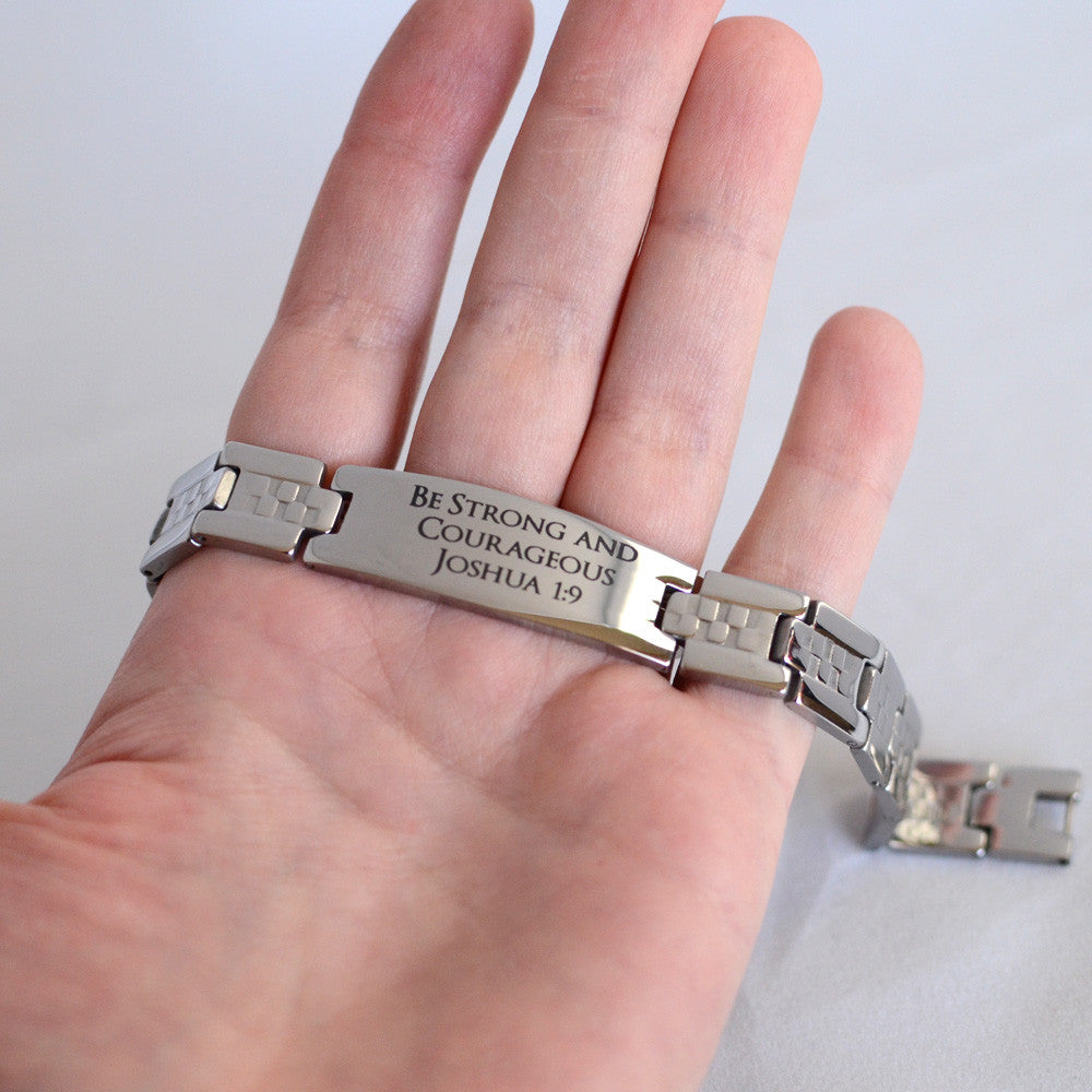 Be Strong and Courageous - Joshua 1:9 - Engraved Stainless Steel Christian Mens Bracelet, Checkerboard Band