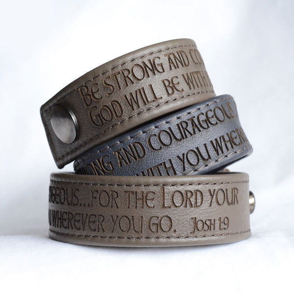 Be Strong and Courageous, Joshua 1:9 – Engraved Italian Leather Bracelet, Black or Brown