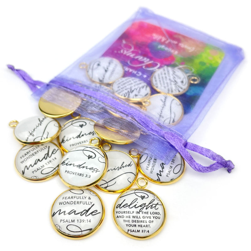 Kindness, Delight, Unfinished, Fearfully & Wonderfully Made – Bulk Christian Scripture Charms for Jewelry Making – 20mm, Silver, Gold