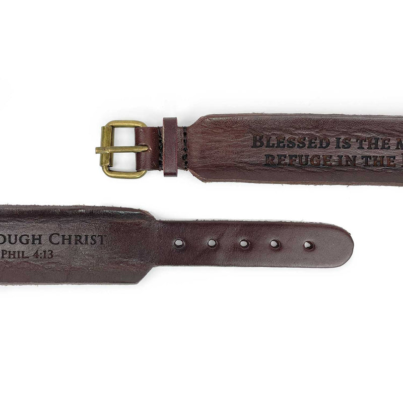 ScriptCharms Laser-Engraved Brown Leather Scripture Bracelet with Watch Band Clasp
