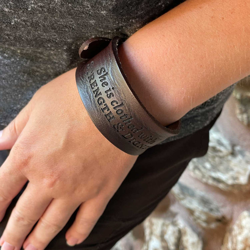 "Strength and Dignity" Proverbs 31 Laser-Engraved Brown Leather Scripture Bracelet with Watch Band Clasp