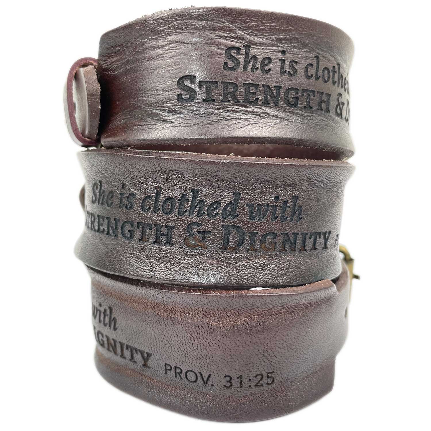 "Strength and Dignity" Proverbs 31 Laser-Engraved Brown Leather Scripture Bracelet with Watch Band Clasp