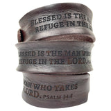 "Refuge in the Lord" Psalm 34:8 Laser-Engraved Brown Leather Scripture Bracelet with Watch Band Clasp