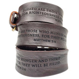 "Blessed are those who hunger and thirst for righteousness, for they will be filled." –Matthew 5:6 Laser-Engraved Brown Leather Scripture Bracelet with Watch Band Clasp
