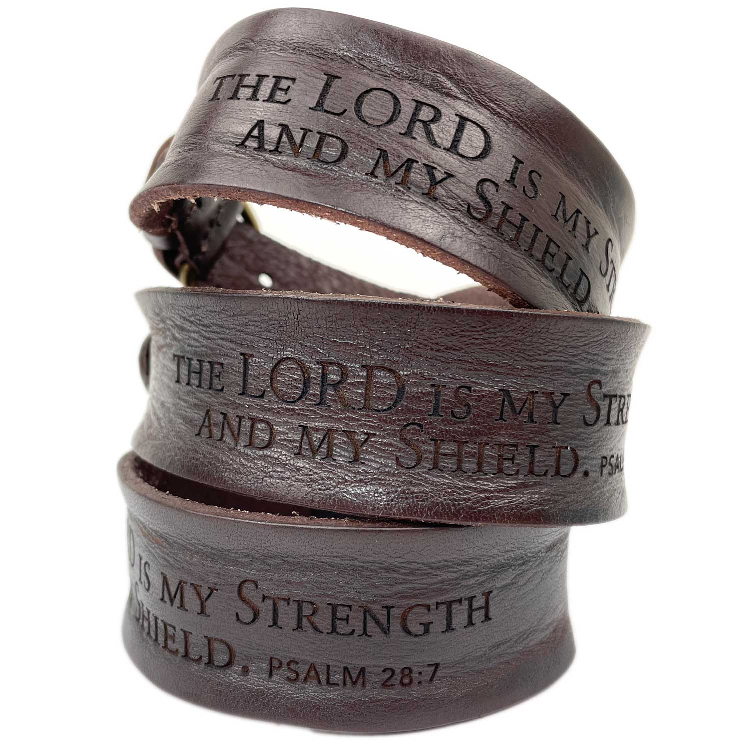 "The Lord is My Strength and My Shield" Psalm 28:7 Laser-Engraved Brown Leather Scripture Bracelet with Watch Band Clasp