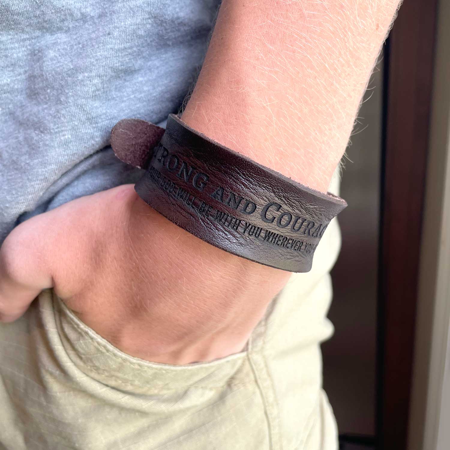 "Refuge in the Lord" Psalm 34:8 Laser-Engraved Brown Leather Scripture Bracelet with Watch Band Clasp