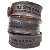 "Be Strong and Courageous" Joshua 1:9 Laser-Engraved Brown Leather Scripture Bracelet with Watch Band Clasp
