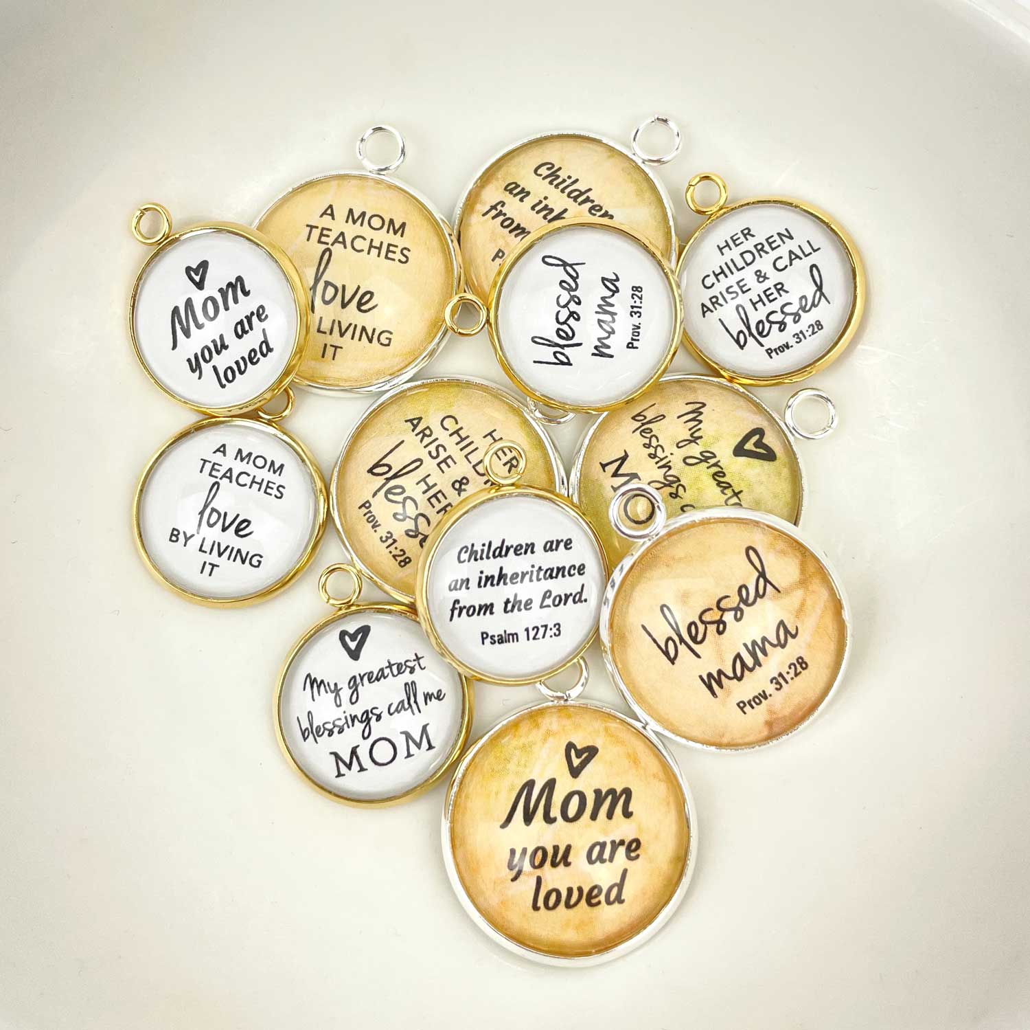 Blessed Mama, My Greatest Blessings Call Me Mom – Mother's Scripture Charm Set for Jewelry Making, Silver, Gold