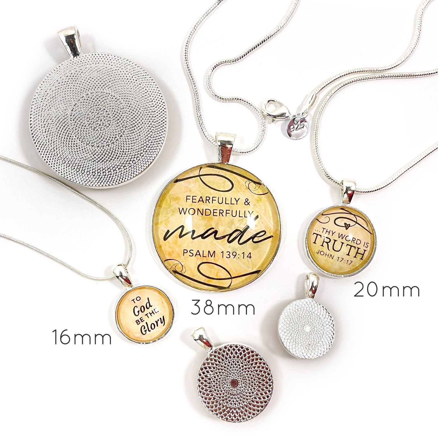 ScriptCharms Scripture Silver Pendant Necklaces Sizes and backs