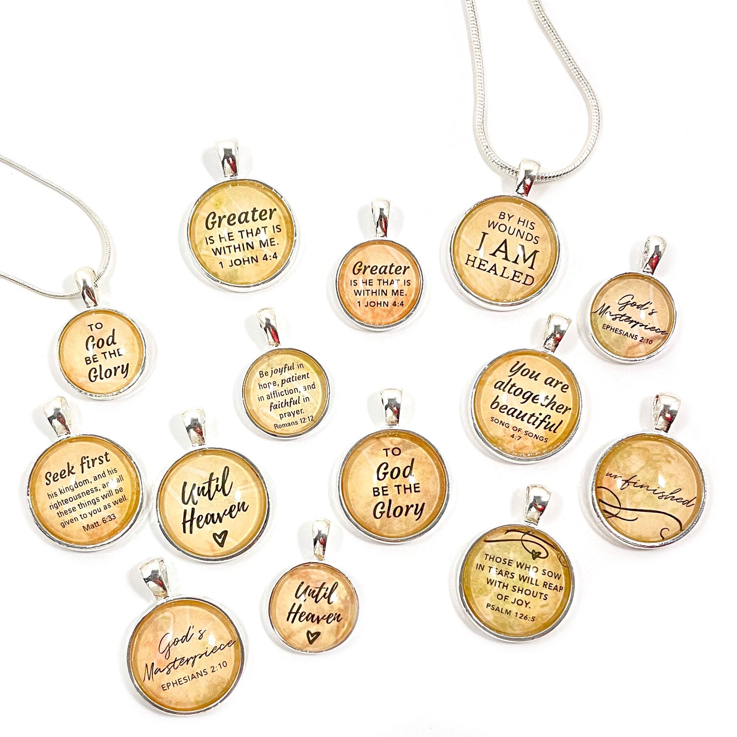 Until Heaven, Seek First, Greater is He – Silver-Plated Scripture Christian Pendant Necklaces (2 Sizes) – Add a Matching Charm Bangle!