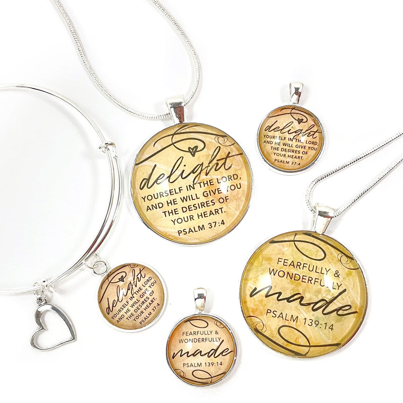 Delight Yourself in the Lord, Fearfully and Wonderfully Made – Psalms Scripture Silver Pendant Necklaces – Add a Matching Charm Bangle!