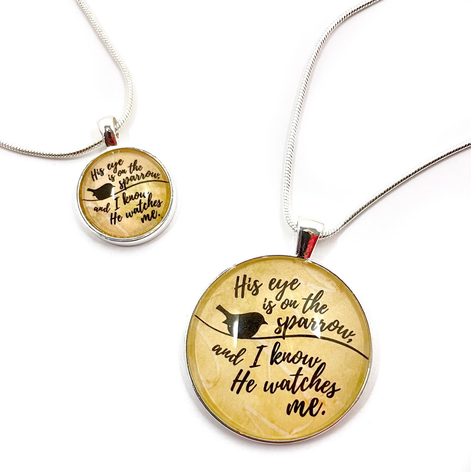 "His Eye is on the Sparrow" – Hymn Silver-Plated Pendant Necklace (2 Sizes) – Add a Matching Charm Bangle!