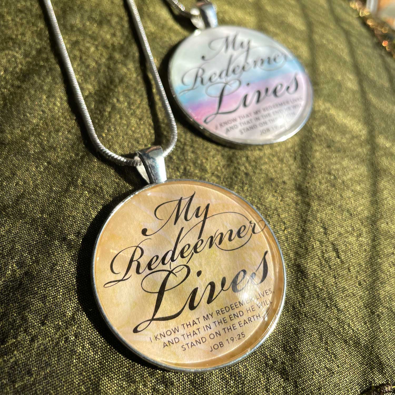 "My Redeemer Lives" Job 19:25 Scripture Pendant Necklace - Color or Neutral Design