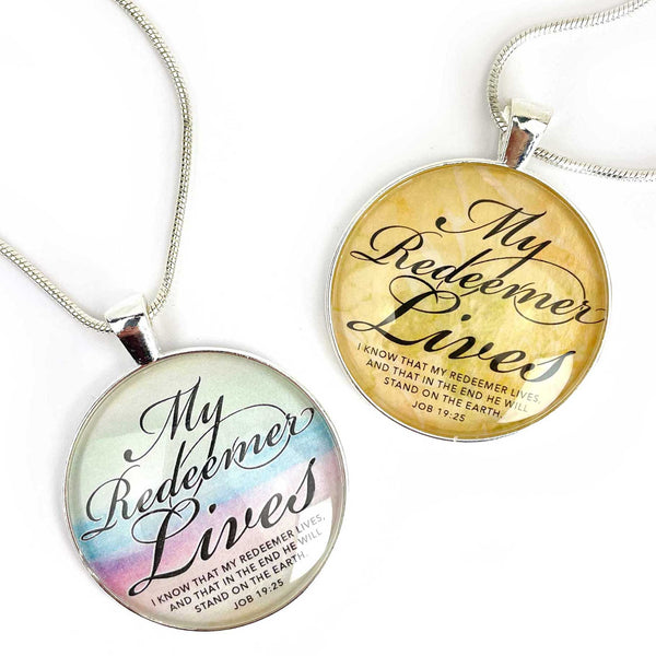 "My Redeemer Lives" Job 19:25 Scripture Pendant Necklace - Color or Neutral Design