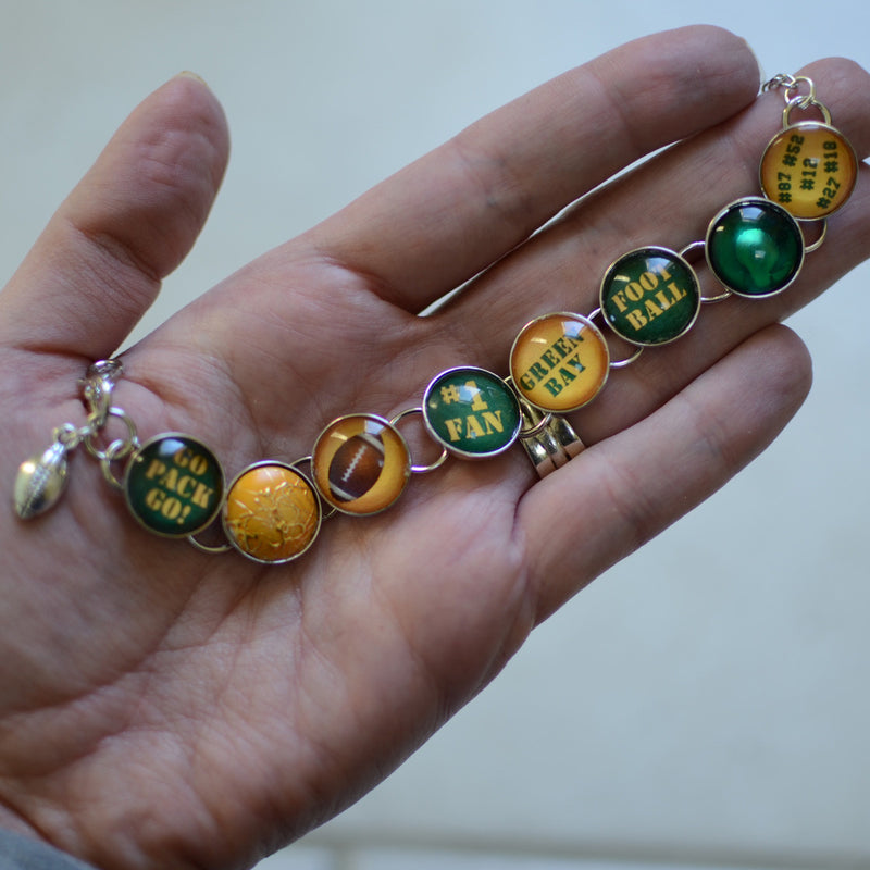 I Love the Green Bay Packers - Glass Charm Bracelet with Football Charm