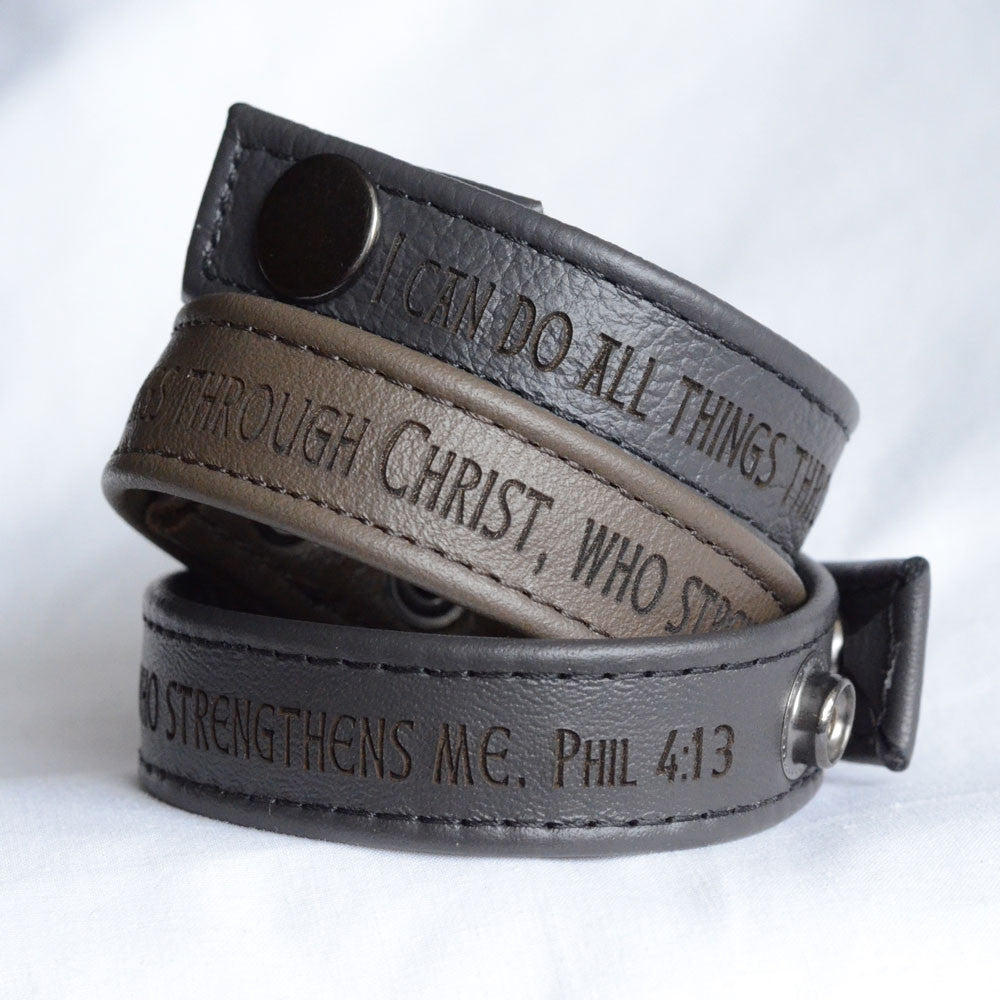 I Can Do All Things, Philippians 4:13 – Engraved Italian Leather Bracelet, Black or Brown