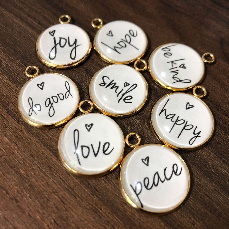 "Positivity + Heart" Set of 10 Charms for Jewelry Making, 20mm, Gold or Silver