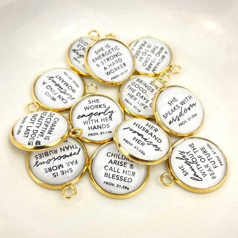 Proverbs 31 Woman - Set of 12 Scripture Charms for Jewelry Making, 16 or 20mm, Gold