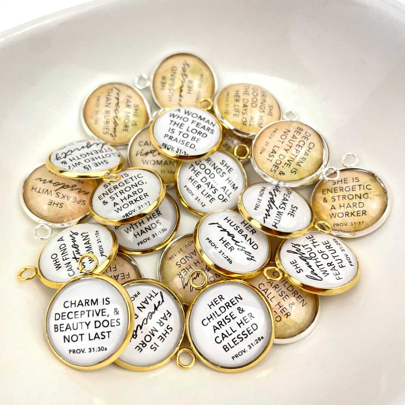 Proverbs 31 Woman - Set of 12 Scripture Charms for Jewelry Making, 16 or 20mm, Gold