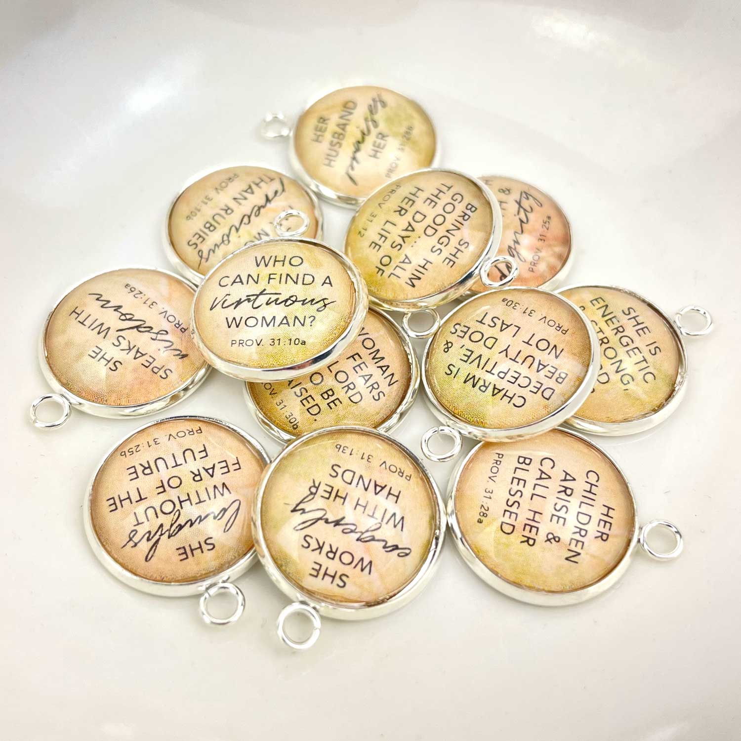 Proverbs 31 Woman - Set of 12 Scripture Charms for Jewelry Making, 16 or 20mm, Silver