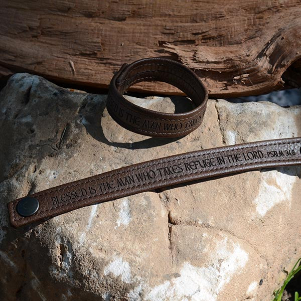 Blessed is the Man Who Takes Refuge In the Lord, Psalm 34:8 - Brown Engraved Italian Leather Bracelet