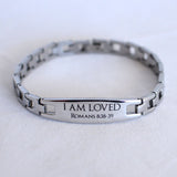 I Am Loved - Romans 8:28 - Engraved Stainless Steel Christian Bracelet, Womens & Youth