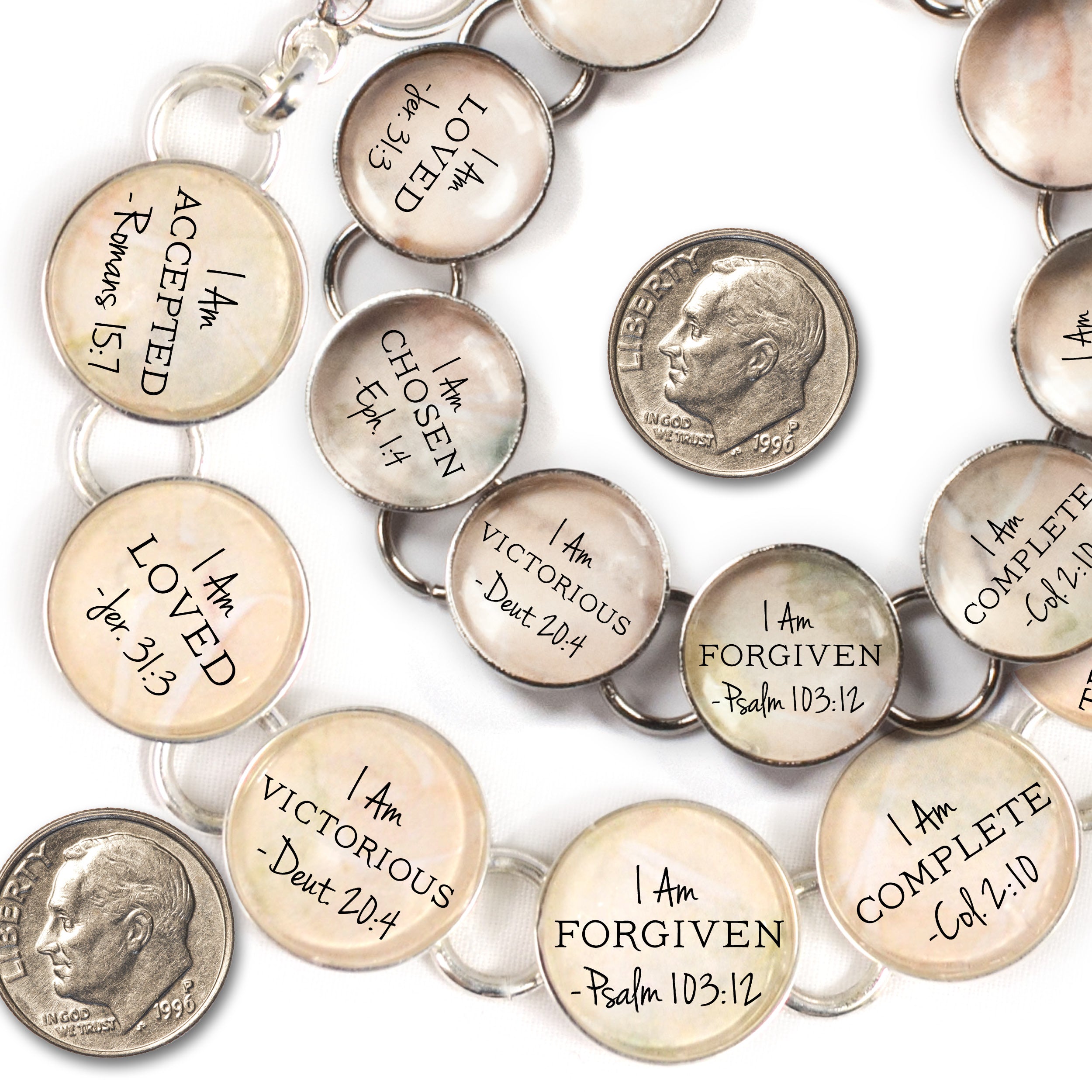 I AM Unique, Whole, Worthy, Strong – Christian Affirmations Silver-Plated Scripture Charm Bracelet