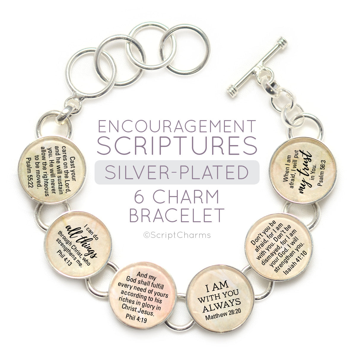 Encouragement Scriptures - Silver-Plated Glass Charm Bracelet,6 charms