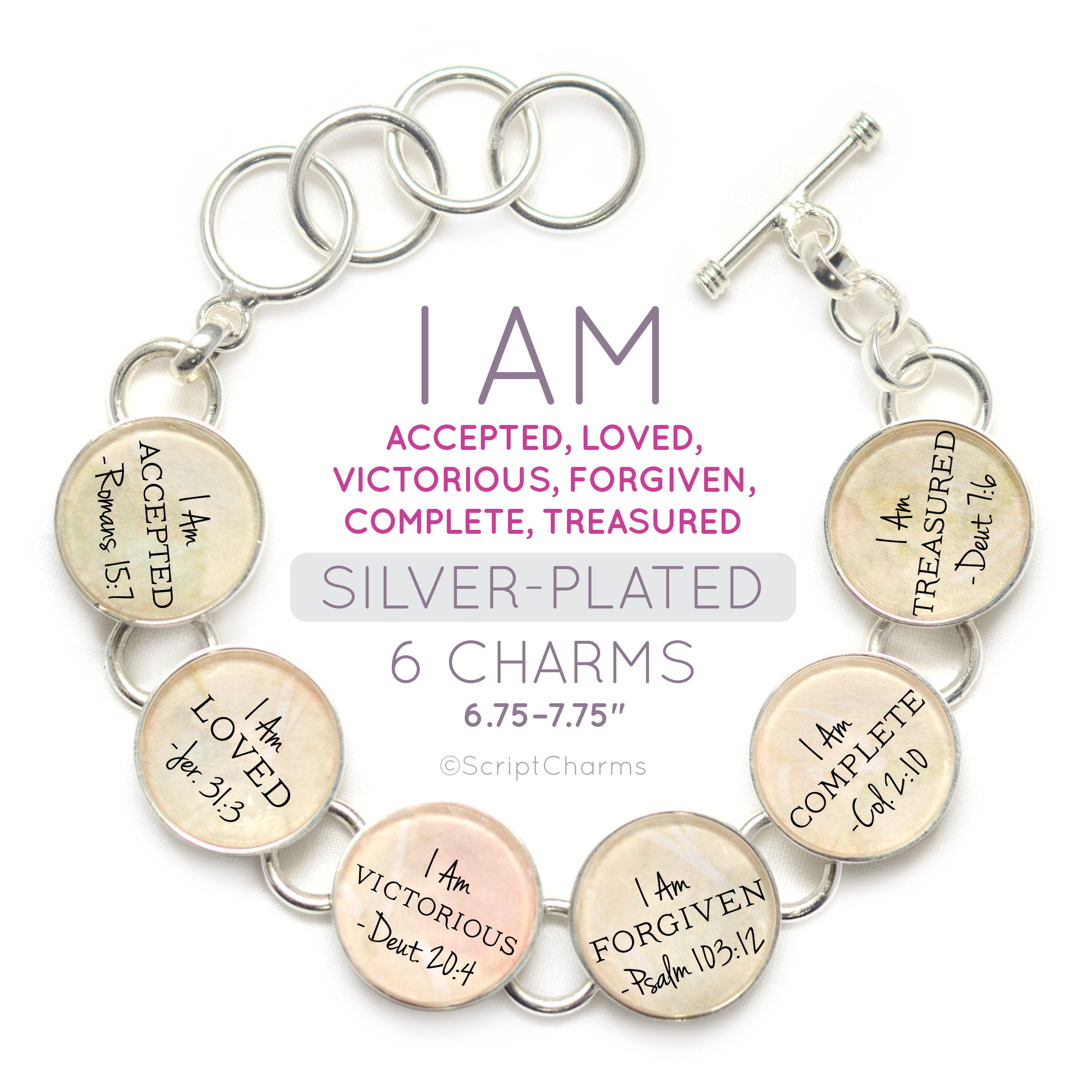 I AM Accepted, Loved, Victorious, Forgiven – Christian Affirmations Scripture Charm Bracelet - Encouragement Religious Jewelry