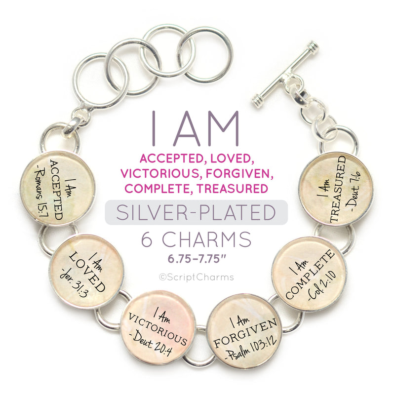 I AM Accepted, Loved, Victorious, Forgiven – Christian Affirmations Scripture Charm Bracelet - Encouragement Religious Jewelry