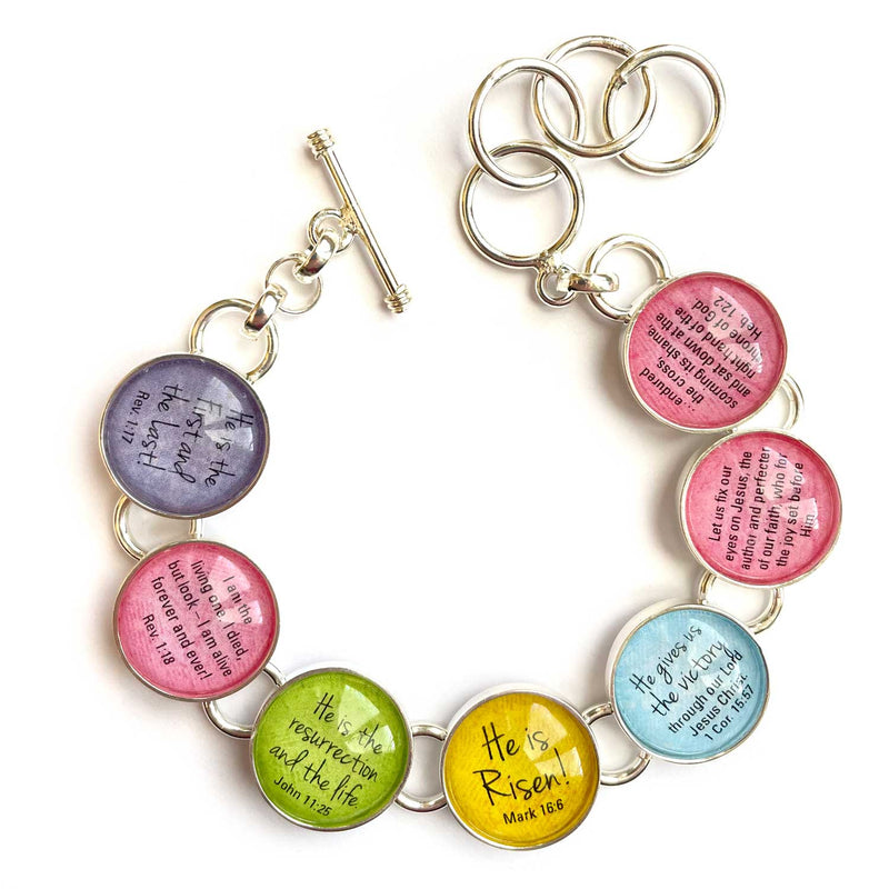 He Is Risen! Colorful Easter Silver-Plated Scripture Charm Bracelet (2 sizes)