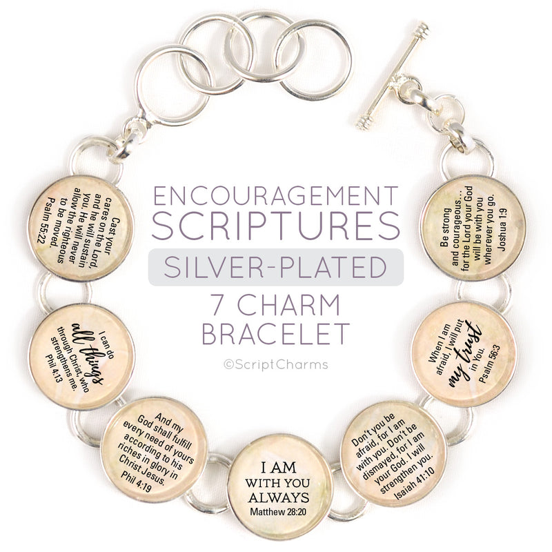 Encouragement Scriptures - Silver-Plated Glass Charm Bracelet,6 charms