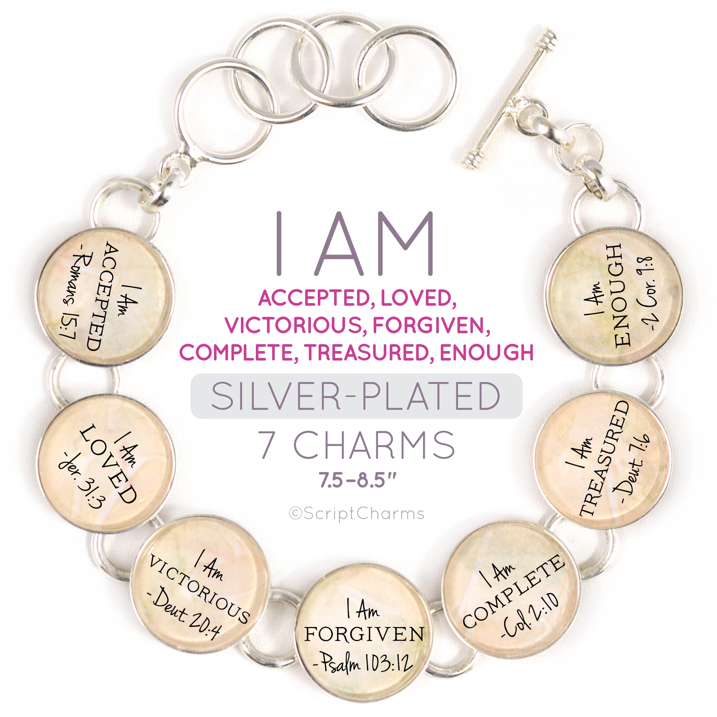 I AM Accepted, Loved, Victorious, Forgiven – Christian Affirmations Scripture Charm Bracelet - Encouragement Religious Jewelry