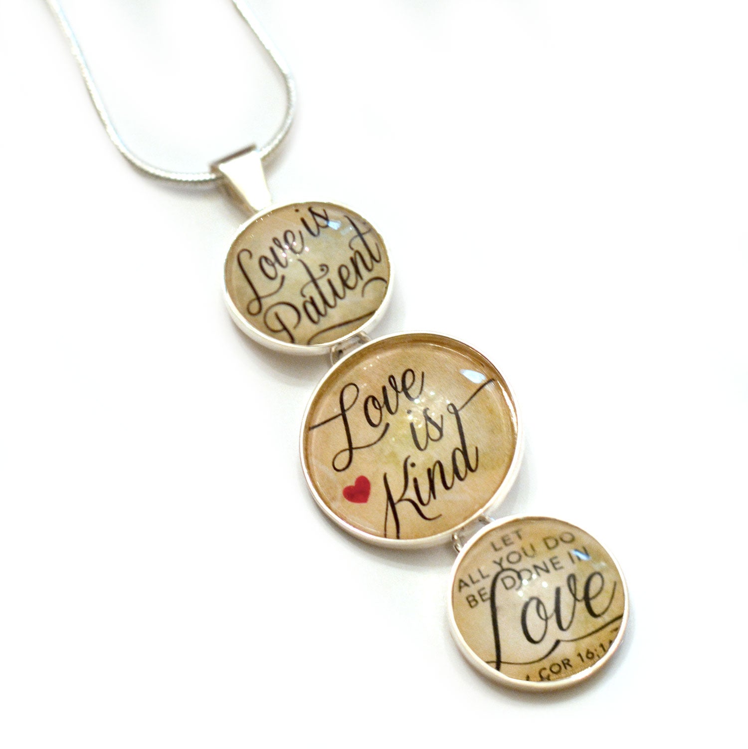 "Love is Patient, Love is Kind" 1 Corinthians Scripture Silver-Plated 3-Tiered Pendant Necklace