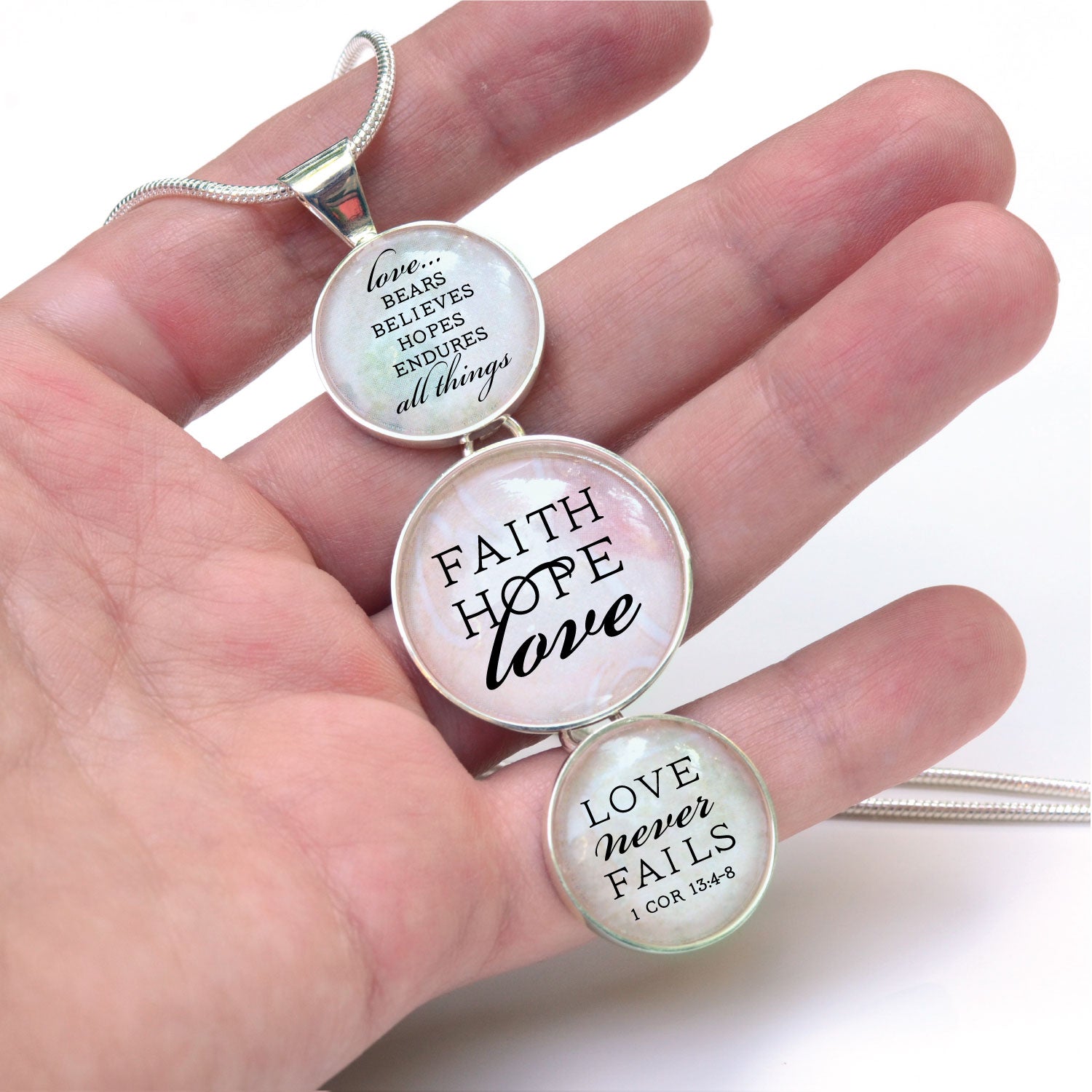 "Faith, Hope, Love – Love Never Fails" 1 Corinthians Scripture Silver-Plated 3-Tiered Pendant Necklace