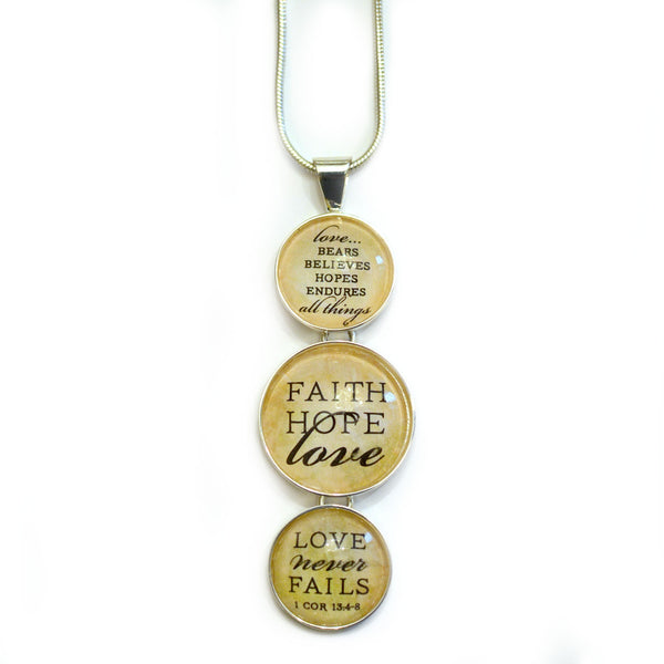 "Faith, Hope, Love – Love Never Fails" 1 Corinthians Scripture Silver-Plated 3-Tiered Pendant Necklace
