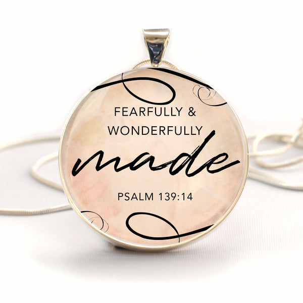 Fearfully and Wonderfully Made Psalm 139 – Large Silver-Plated Glass Charm Necklace