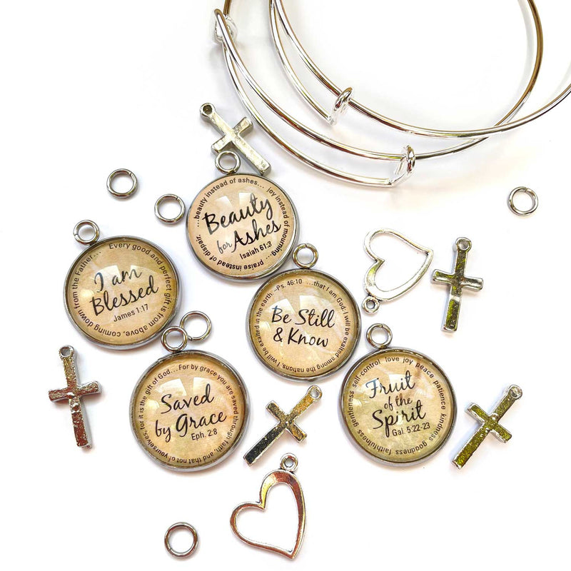 Be Still & Know, Fruit of the Spirit, Beauty for Ashes, Saved By Grace, Blessed – Scripture Charm Set for Jewelry Making, 20mm, Silver, Gold