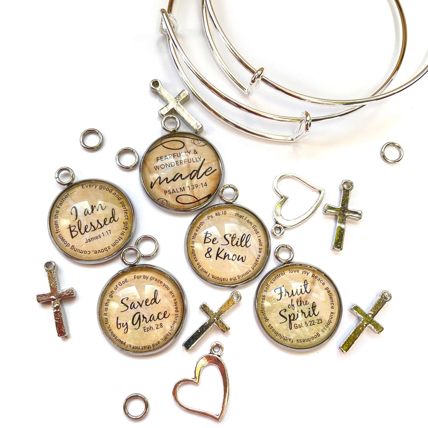 Be Still & Know, Fruit of the Spirit, Saved By Grace – Scripture Charm Set for Jewelry Making, 20mm, Silver, Gold