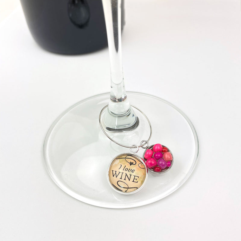 I Love Wine, Glass Charm Set for Jewelry Making - Bulk Designer Charms - 16mm, 20mm Wholesale Merlot, Vino, Wine Bottle, Wine Glass Charms
